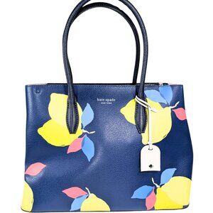Kate Spade Blue Leather Lemon Print Eva Top Handle Structured Tote Bag